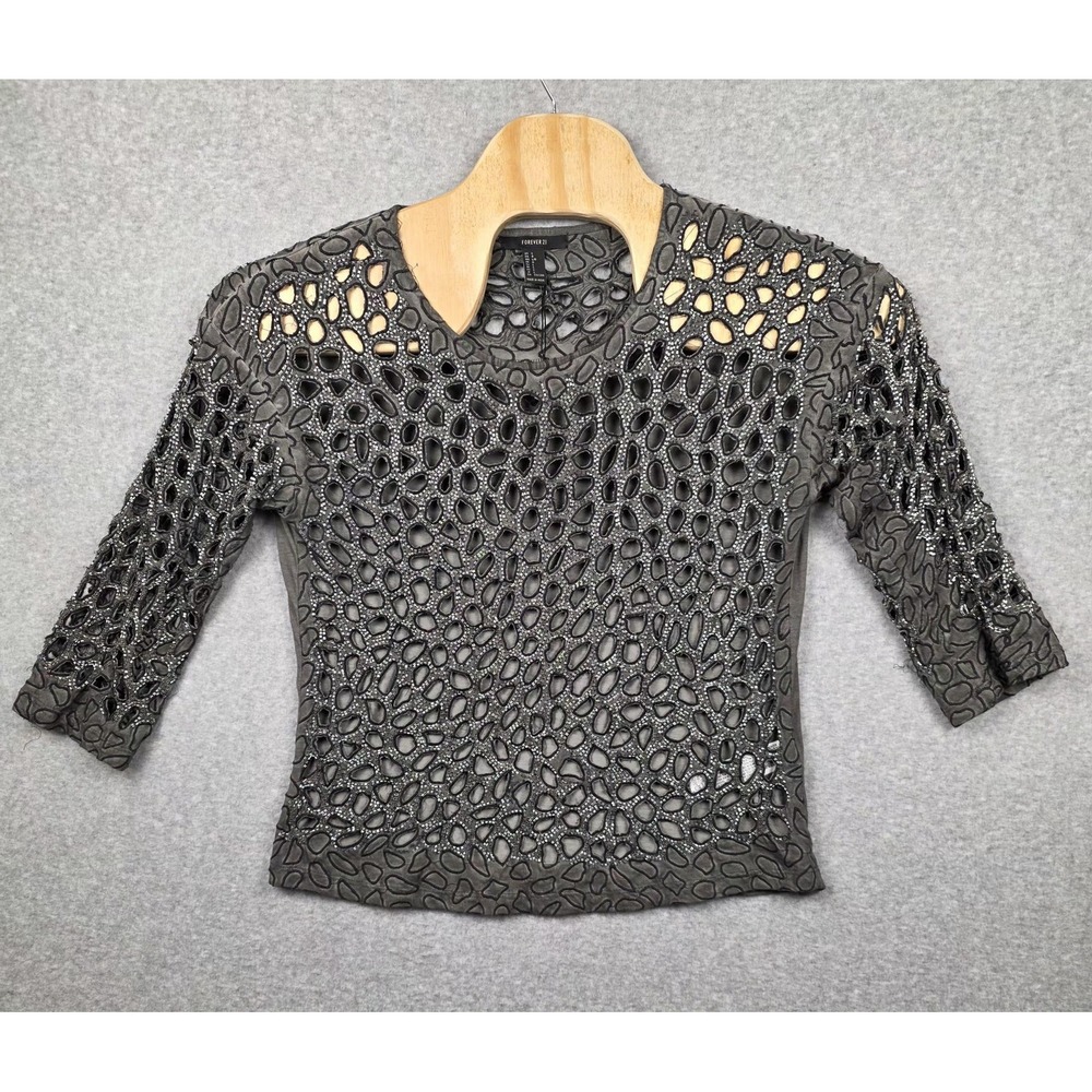 Forever 21 Shirt Womens Large Gray Beaded Cutout Sheer Grunge Whimsigoth